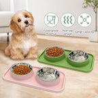 BNOSDM 2 Pcs Double Dog Food Bowls Stainless Steel Small Dog Food and Water Bowls with Non-Spill Plastic Mat Pet Cat Feeder Dish Set for Puppy Cats Kitten (Pink and Drak Green)