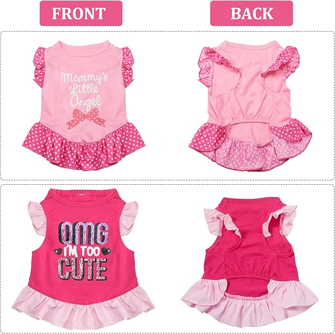 2 Pieces Dog Dresses for Dogs Cute Girl Female pet Dress Mommy Puppy Shirt Skirt Dresses Pet Summer Clothes Apparel for Cats(OMG and Angel,Medium)