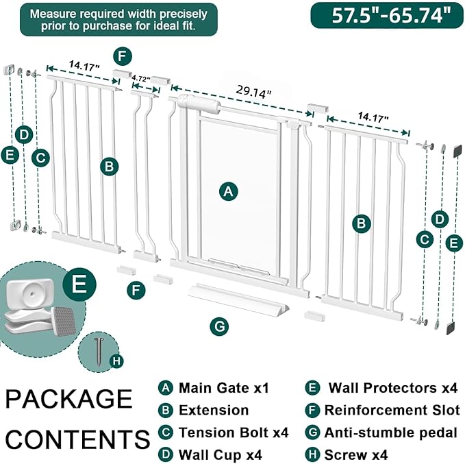 TSAYAWA Triple-Lock Acrylic Extra Wide Baby Gate 57.5"-65.74", Crystal Clear Transparent Pet Gate for Dogs, Heavy Duty Metal Gate for Doorways, Pressure Mount Child Safety Barrier, Auto Close, White