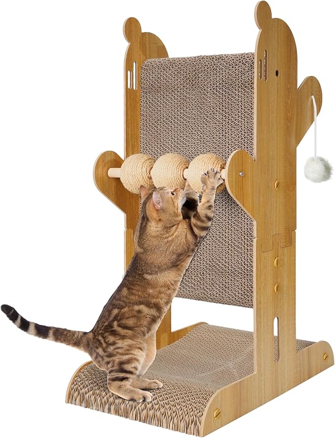 Cat Scratcher,T Shaped Vertical Cat Scratcher for Wall and Couch Protection, Cat Scratching Post with 5 Cat Ball Toys (Burlywood)