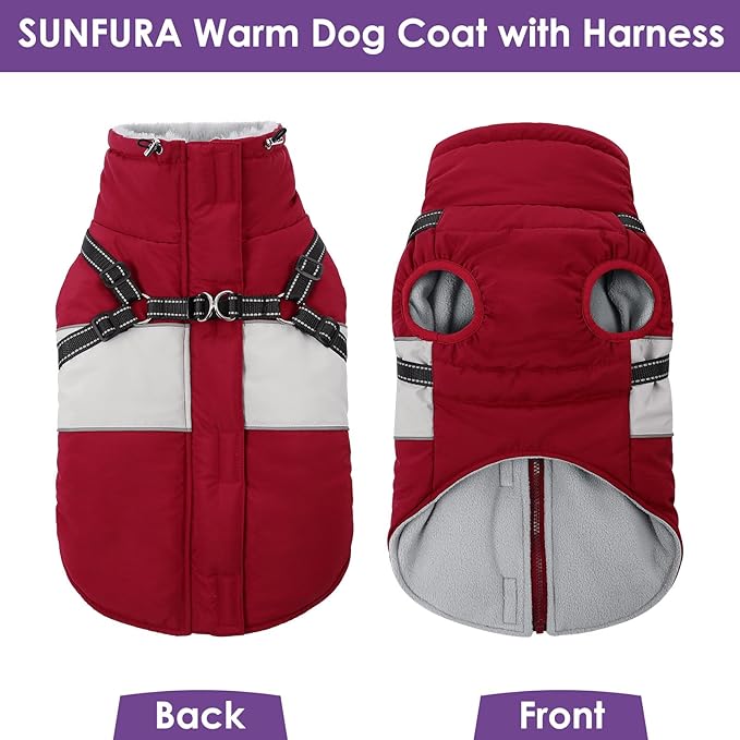 SUNFURA Small Dog Coat with Harness Built in, Warm Dog Jacket Winter with Zipper On Back, Waterproof Pet Snow Jacket Snowsuit Pet Sweater Clothes for Puppy, Burgundy XS