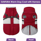SUNFURA Dog Coat, XXL Dog Jacket Winter with Harness Built in, Waterproof Pet Snow Jacket with Furry Collar for Chilly Day, Reflective Fleece Snowsuit for Extra Large Dogs, Burgundy 2XL