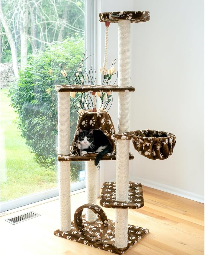 Cat Hammock Bed - Natural Sisal Tree Condo for Cats - Soft Plush Perch, Play Tube - Up to 50 lbs