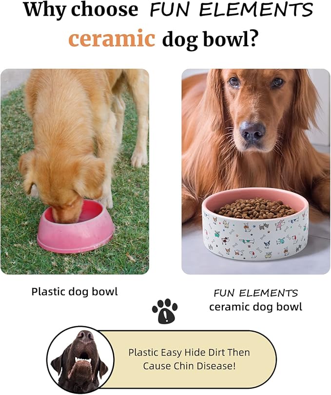 FE FUN ELEMENTS Ceramic Dog Bowls for Small Dogs, 16 Fl Oz Heavy Food and Water Bowl with Adorable Patterns (Small, Pink)