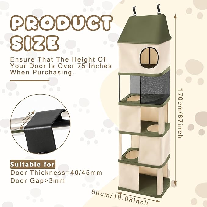 5 Level Door Hanging Cat Tree Tower for Indoor Cats Under 40 Lbs, Door Mounted Pet Furniture Space Saving, Interconnecting Levels, Mesh Levels, Collapsible and Tool-free Assembly, Fits Doors＜85 Inch H