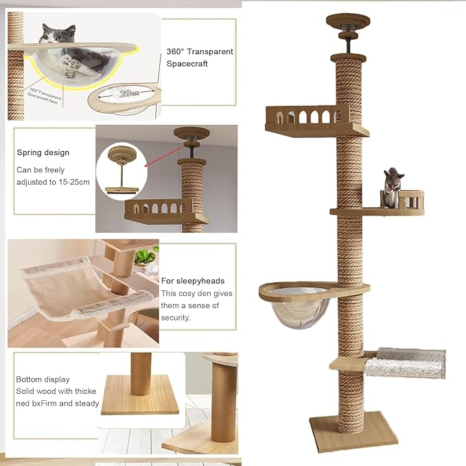 Floor to Ceiling cat Tree - Adjustable Height (95-98in,104.3-108.2in)- with Width 4.33 in Scratching Post,Cat Hammock,Fully Wrapped with sisal Rope - Floor to Ceiling Cat Tower for Indoor Cats.(T04)