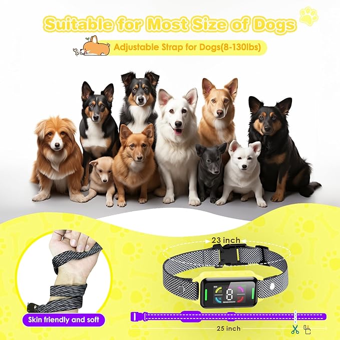 Dog Bark Collar Automatic Shock Collar Rechargeable Anti-Bark Training Collar Multifunctional Waterproof Dog Stop Barker with 6 Safe Training Modes for Dog Weighing Over 8 Pounds (Yellow)
