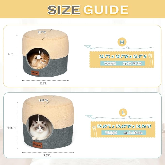 Cat Bed for Indoor Cats, 2-in-1 Convertible Cat Cave & Lounge Bed with Reversible Plush Cushion, Foldable Anti-Slip Cat House - Calming Cozy Hideaway for Kittens&Small Cats with Anxiety Relief, 15.7in
