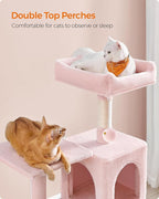 Feandrea Cat Tree, 55.1-Inch Cat Tower, Plush Multi-Level Condo with 4 Scratching Posts, 2 Perches, Hammock, Cave, Jelly Pink UPCT161P01