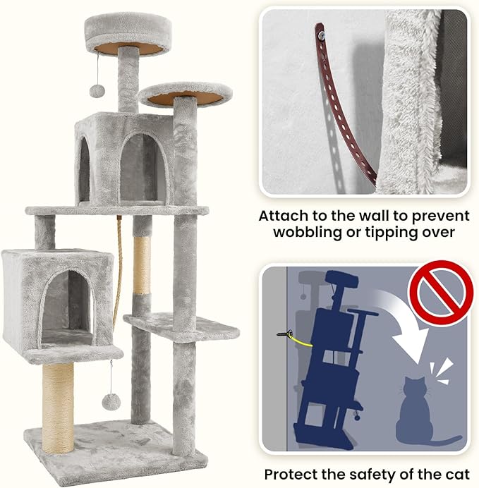 58" Cat Tree Large Cat Tower Condo w/Multi-Level Scratching Post for All Indoor Cats (Light Grey)