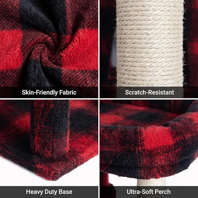 Multi-Level Cat Tree with Condo and Scratching Posts, Red Buffalo Plaid, 50 Inch Height, Sisal Rope Posts, Activity Center with Tunnel and Perches