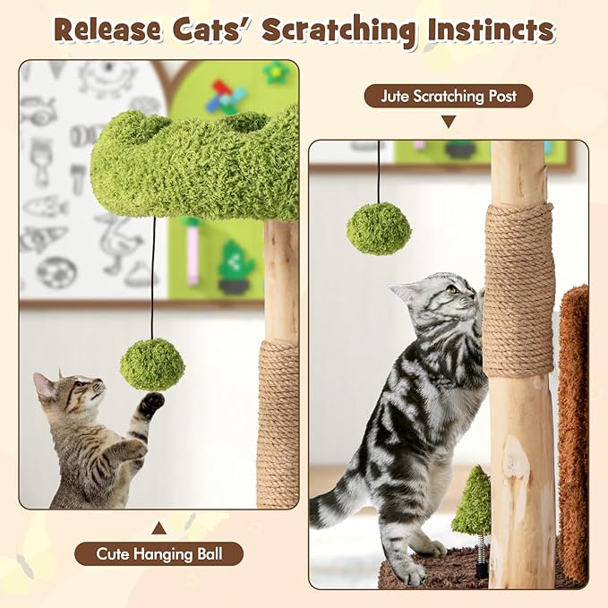 Tangkula Solid Wood Cat Tree, Natural Branch Cute Kitten Tower with Jute Scratching Post & Mat, Tree Hole Condo, Bed, Perch, Dangling & Spring Balls, Small Cat Climbing Stand for Indoor Cats & Kittens