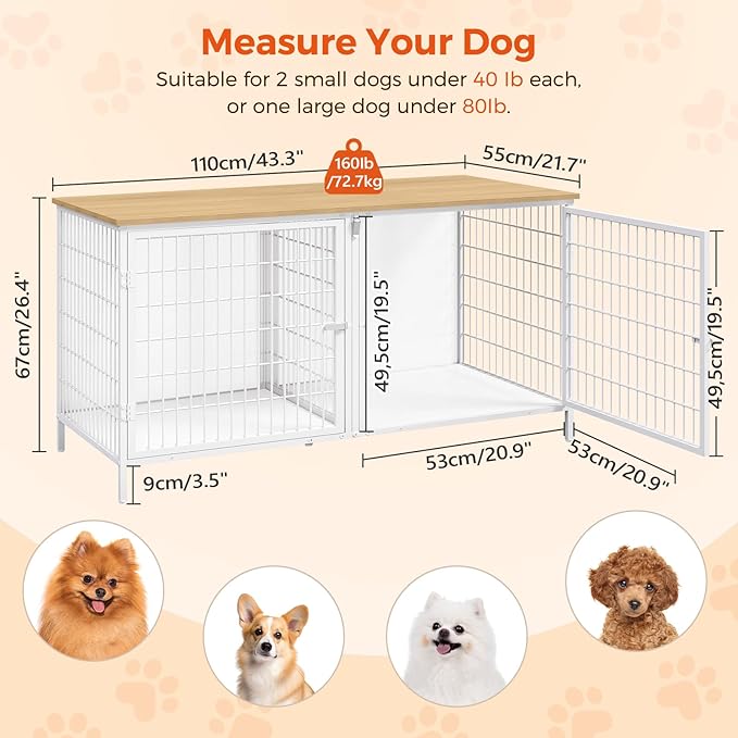 Dog Crate Furniture for 2 Dogs, 43.3" Dog Kennel with Removable Divider, Heavy Sturdy Dog Furniture Style Double Cage for Small Medium Dogs, Indoor Pet House End Table, Natural and White