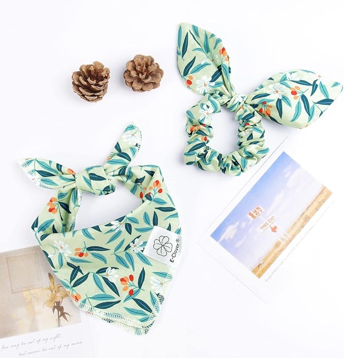 E-Clover Dog Bandanas & Matching Scrunchie Set Girl Dog Bandana Scarf Washable Kerchief Bibs for Medium Large Dogs Pet Owner Birthday Gift Green