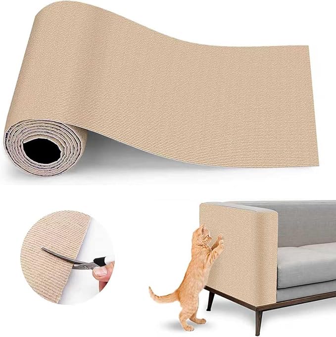 Cat Scratch Mat,Furniture Protector, 39.3"x15.8" Trimmable Self-Adhesive Cats Scratch Carpet, DIY Climb Cat Scratch Mat for Couch Furniture or Wall Protector (Beige)