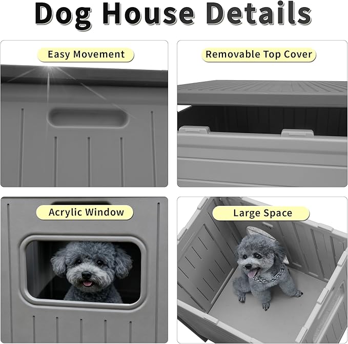 Rockever Dog House Outdoor Indoor for Small Medium Dogs, Plastic Elevated Outdoor Dog House Waterproof Dog Kennel with Window, Easy Clean and Assemble(M)