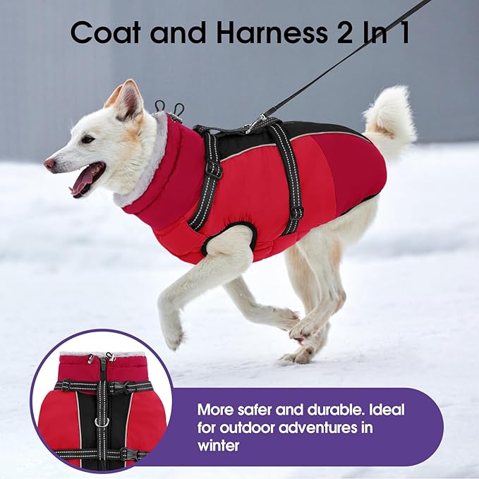 SUNFURA Dog Coat, XXXL Dog Jacket with Harness Built in, Waterproof Pet Winter Coat Snowsuit with Zip, Reflective Fleece Jacket for Extra Large Dogs, Great Dane, Red 3XL