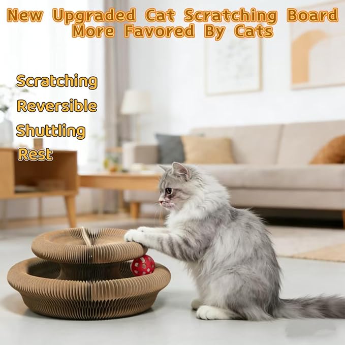 Magnetic Interactive Cat Toy Cardboard Scratcher with 1 Ball for Mental Exercise, Featuring Kitty Kurlz, an Accordion Scratching Board with Twist Paws for Indoor Cats in Gray/Brown