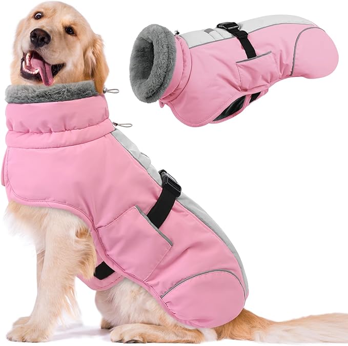 Queenmore XL Dog Jackets, Dog Coats for Large Breeds Winter Waterproof, Thick Fleece Lining Doggie Coats for X-Large Dogs Winter, Pet Jackets, Pink, XL