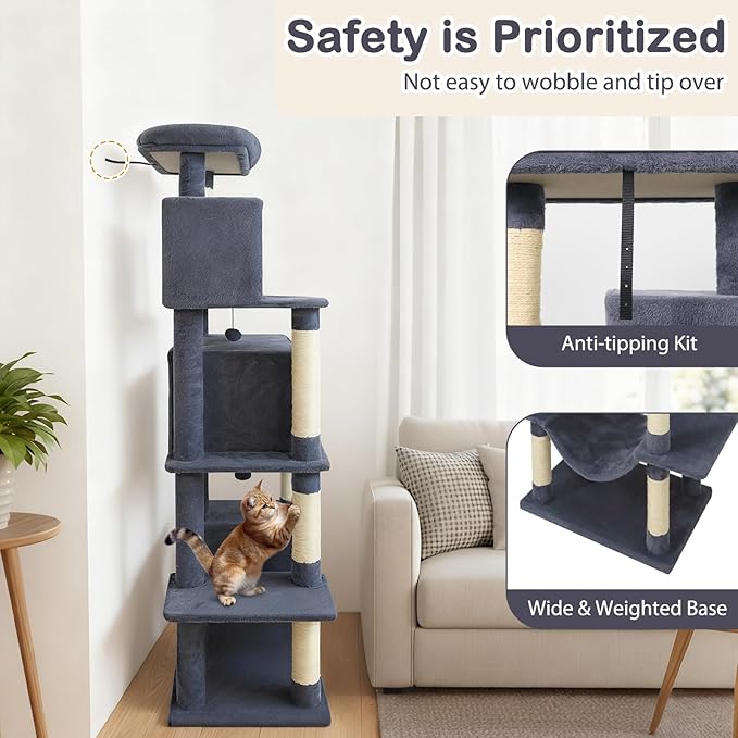 Tangkula 70 Inch Tall Cat Tree, Multi-Level Large Cat Tower with Sisal Scratching Posts, Plush Top Perch, 2 Condos, Hammock, 2 Dangling Balls, Cat Tree Tower for Indoor Cats Large Adults (Dark Grey)