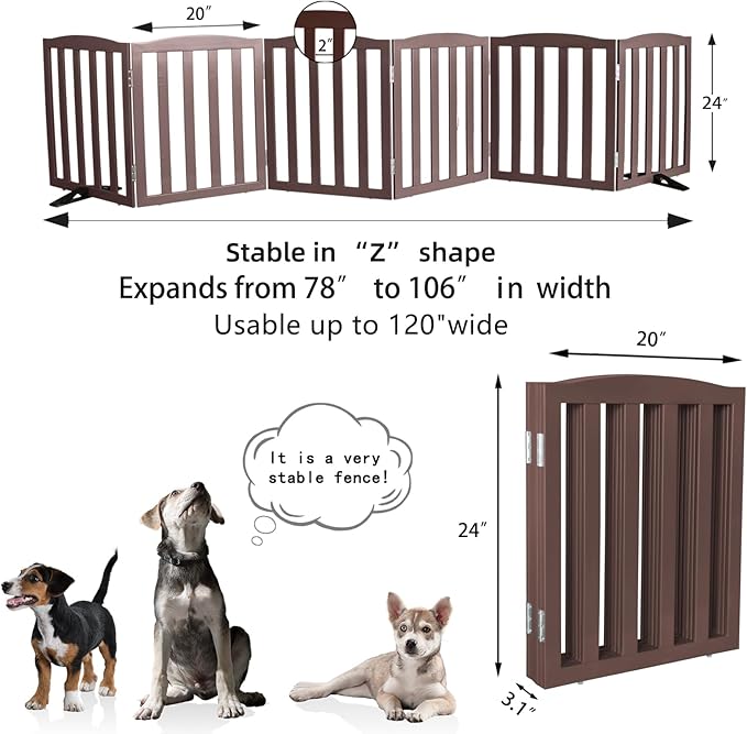 Freestanding Dog Gate Indoor,Doggie Gate Foldable Pet Gates for Doorways,Stairs or Hallways, Wooden Brown Pet Gate for the House, Pet Fence with Support Feet Included,24 "Height-6 Panels