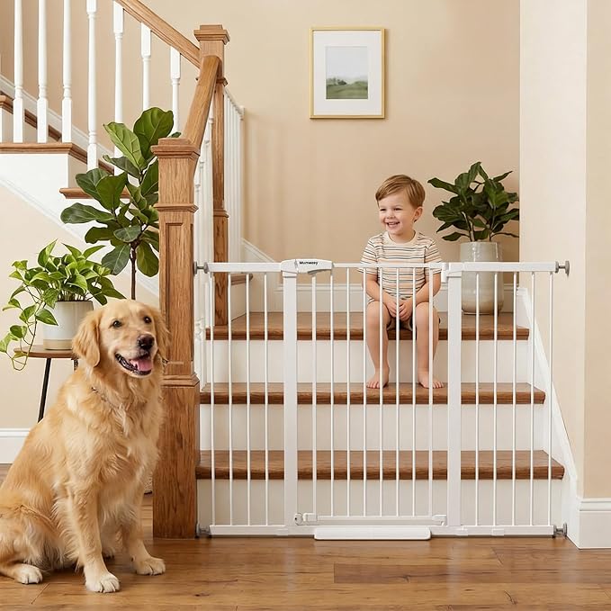 Mumeasy 29.7-57" Extra Wide Baby Gate, Auto Close Large Dog Gate for Doorways, No Drilling Pressure Mounted Pet Safety Gate for Stairs, Easy Walk Through Child Gate for Hallways, House, Indoor, White