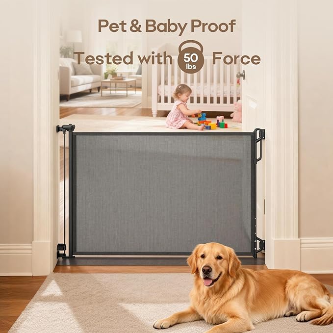 Retractable Safety Baby Gate or Mesh Dog Gate,Durable Portable Mesh Retractable Gate,Easy to Use for Stairs, Doorways, Hallways, Indoor, Outdoor, 33.5" Tall, Up to 45" Wide, Black