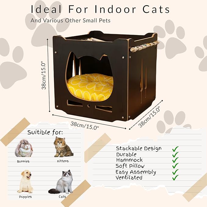 Stackable Cat House for Indoor Cats Bed, Wooden Cat Shelter, Cat Cube, for Cats, Kittens, and Puppies, 15x15x15 inches, Hammock & Pillow Included, Cat Tower, Modern Design, Black