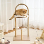 Modern Cat Tree, Wood Cat Tower with Steel Frame, Scratching Posts, Cat Capsule, Plush Mat, Bell Dangling Toy, Aesthetic Minimalist Heavy-Duty Cat Climbing Tree for Large Indoor Adult Cats-Khaki
