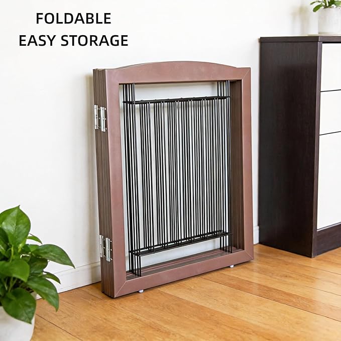 ZJSF Freestanding Foldable Dog Gate for House Extra Wide Wooden Brown Puppy Gate Stairs Dog Gates Doorways Tall Pet Gate 24 "Height 3 Panels Pet Fence