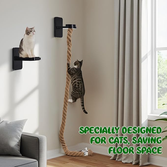 Weysat Cat Tree with 2 x 59.1 Inch Climbing Rope Wall Mounted Cat Climbing Tower Toy with Scratching Post Kitten Rope Ladder with Jumping Platform Wall Steps for Playing and Rest(Black,Classic)