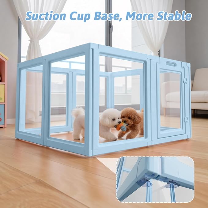 DIY Clear Acrylic Dog Playpen House,Quick Easy Assembly and Disassembly,Strong Floor Suction,Indoor and Outdoor Use,Easy Cleansing Puppy Fence (Sky Blue, 30.3" H, 8PCS)