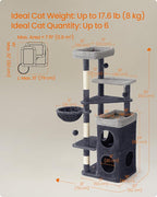 Feandrea Cat Tree, 60-Inch Cat Tower, Multiple-Level Plush Condo with 2 Caves, 3 Scratching Posts, 3 Perches, Dark Gray UPCT007G02