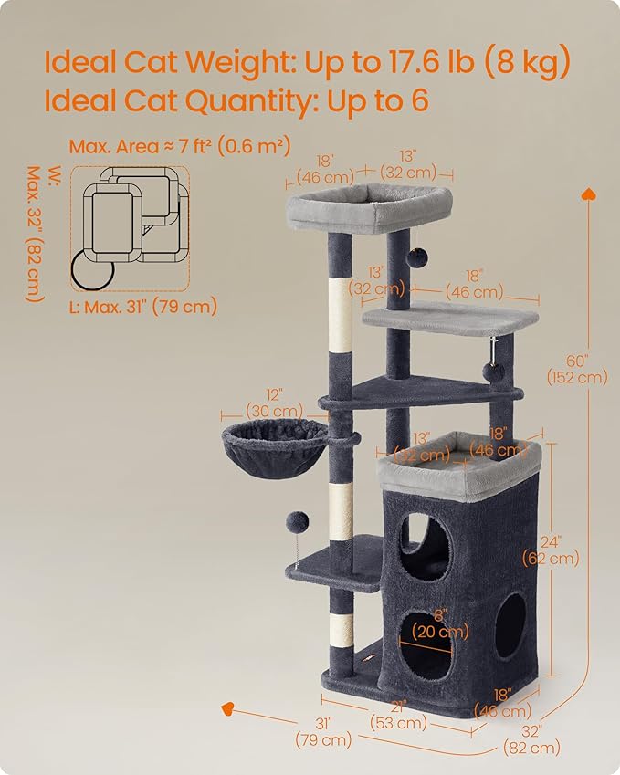 Feandrea Cat Tree, 60-Inch Cat Tower, Multiple-Level Plush Condo with 2 Caves, 3 Scratching Posts, 3 Perches, Dark Gray UPCT007G02