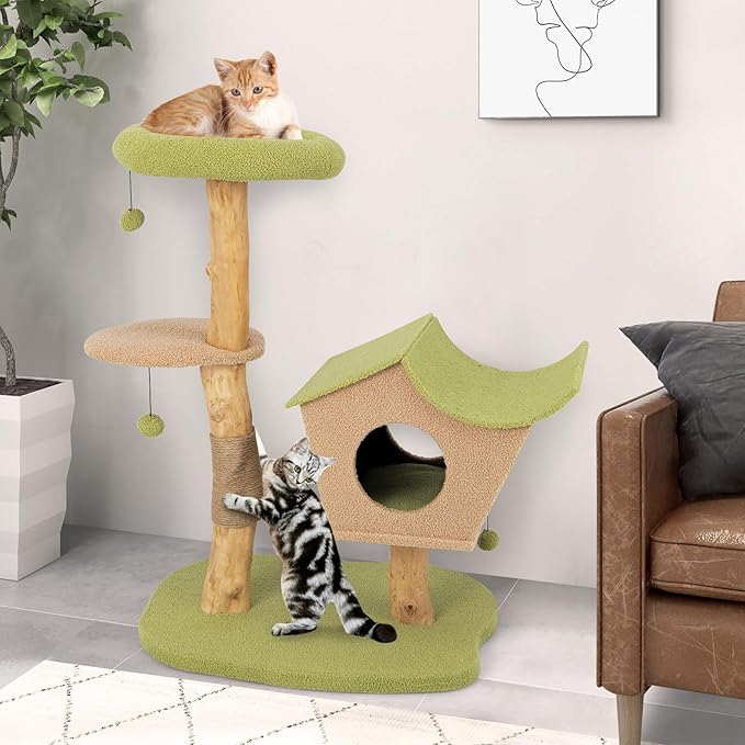 Tangkula Cat Tree, Solid Wood Cat Tower with Jute Scratching Post, Condo, Perch, Jingling Ball, Multi-Layer Activity Center, Modern Cute Cat Tree for Indoor Cats