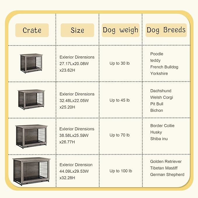JY QAQA Dog Crate Furniture, Wooden Dogs Crate Table, Double-Doors Dog Furniture, Indoor Dog Kennel, Dog House, Dog Cage/Grey/XL
