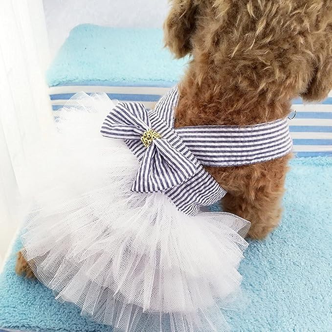 Dog Dresses, Fashion Pet Dog Clothes, Striped Mesh Puppy Dogs Princess Dresses (Blue, X-Large)