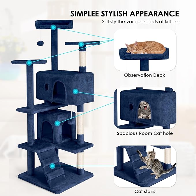 Cat Tree 53 inches Cat Tower for Indoor Cats Cat House with Replaceable and Removable Dangling Ball Cat Trees and Towers with Funny Toys, Navy Blue