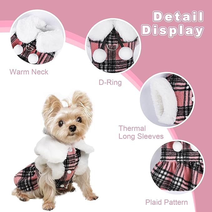Dog Sweater with Leash Set D Ring Plaid Fleece Dog Clothes for Small Dogs Girl Boy Winter Puppy Dress Cold Weather Coat Fall XXS Sweater for Chihuahua Yorkie Cat Doggy Costumes, Pink, S