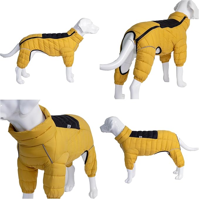 Lovelonglong Dog Coat Dog Warm Jacket, 4 Legs Covered Waterproof Windproof Reflective Warm Dog Vest, Zippered Adjustable Outdoor Dog Snow Jacket for Small Medium Large Dogs Yellow XL