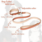 Lightnpro Tan Leather Dog Collar & Leash Set - 18" Adjustable Leather Nylon Collar with Metal Buckle & 50" Durable Lead - Comfortable, Stylish Combo for German Shepherds,Bernards & Other Large Breeds