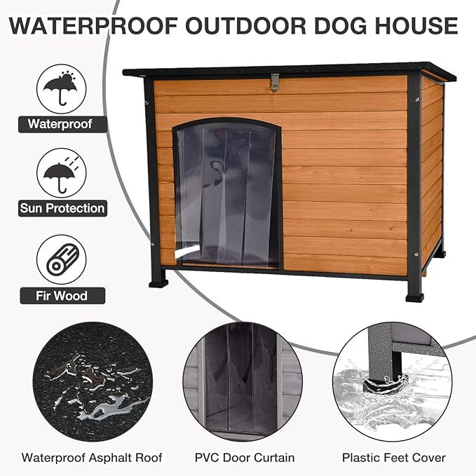 43.3’’ Large Dog House Outdoor Weatherproof Dog Kennel with Upgraded Thickened Metal Frame, Dog Shelter with PVC Curtain, Openable Roof and Removable Floor, Easy to Clean (Brown)