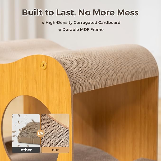 Avont Cat Scratcher House, 2-in-1 Scratch Cardboard & Scratching Pad for Indoor Cats, Double-Layer Scratch Box and Corrugated Board for Kitty -Curved