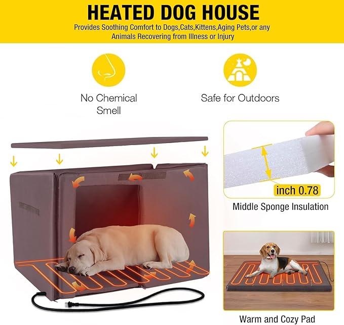 Aivituvin Dog House Outdoor Heated Dog Kennel with Insulated Liner All-Around Iron Frame Large Dog Cage for Small & Medium & Large Dogs,Light Brown