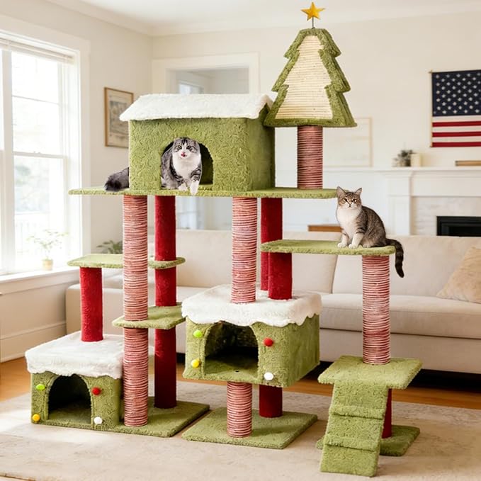 Extra Large 74-Inch Tall Cat Tree w/Widened Perch for Large Cats, Big Cat Tower Indoor, Modern Multi-Level Activity Tower with Scratching Posts, Condos, Baskets, Hammock, Scratching Ramps