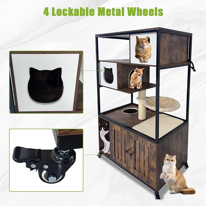 GarveeHome Cat Tree with Litter Box Enclosure 57.5 in H Wooden Cat Tower Cabinet with Wheels Dog Proof Corner Hidden Litter Box with Condo, Hammock and Scratching Post Retro Brown