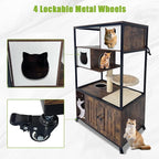GarveeHome Cat Tree with Litter Box Enclosure 57.5 in H Wooden Cat Tower Cabinet with Wheels Dog Proof Corner Hidden Litter Box with Condo, Hammock and Scratching Post Retro Brown