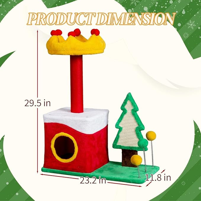 Christmas Decorations, Christmas Cat Tree with Crown Perch, 29.5in Festive Cat Tower with Sisal Scratching Ramp & Hanging Toys, Small Holiday Cat Condo for Indoor Cats, Christmas Decor for Pet
