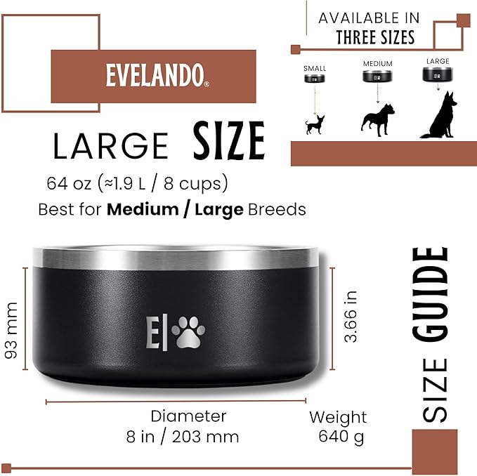 EVELANDO® 64 oz - 8 Cups Stainless Steel Dog Bowl – Triple-Insulated Pet Dish Keeps Water Cold & Food Warm – BPA-Free, Non-Slip Base – Durable & Elegant Feeding Bowl for Small & Medium Dogs & Cats