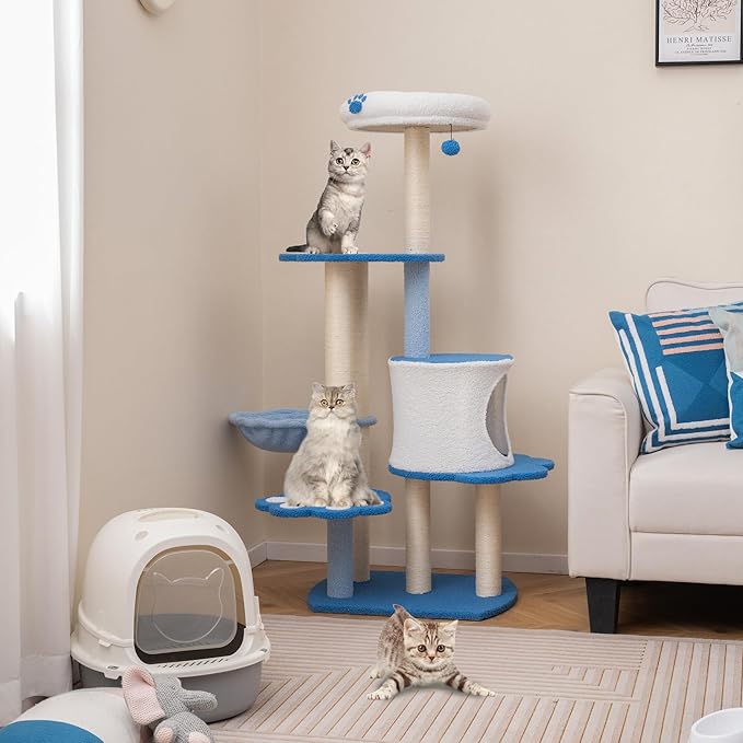 PETSITE 54 inch Cat Tree Tower, Multi-Level Modern Cat Tower with Sisal Scratching Posts, Jingling Ball, Top Perch, Side Hammock, and Cat Condo, Cute Blue Cat Tree for Indoor Cats